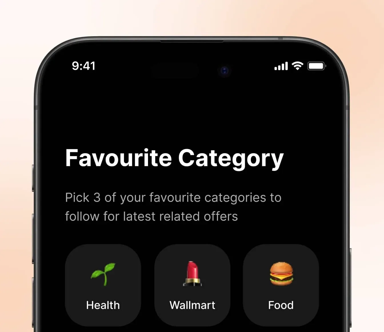 Anyday App Favourite Category screen asking users to pick 3 categories, with Health, Walmart and Food options