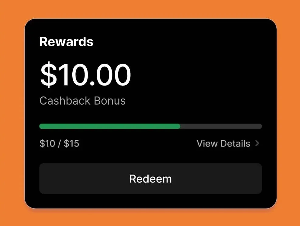 Anyday App rewards card with a $10.00 cashback bonus, a $10 of $15 progress bar and a Redeem button
