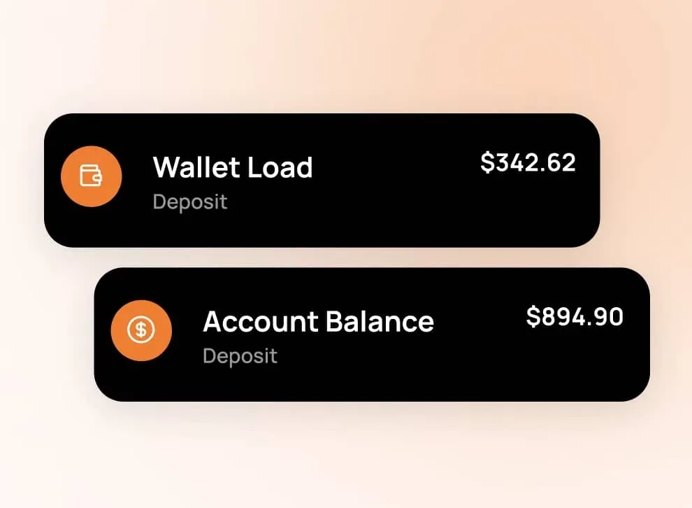 Anyday App cards showing a wallet load deposit of $342.62 and an account balance of $894.90