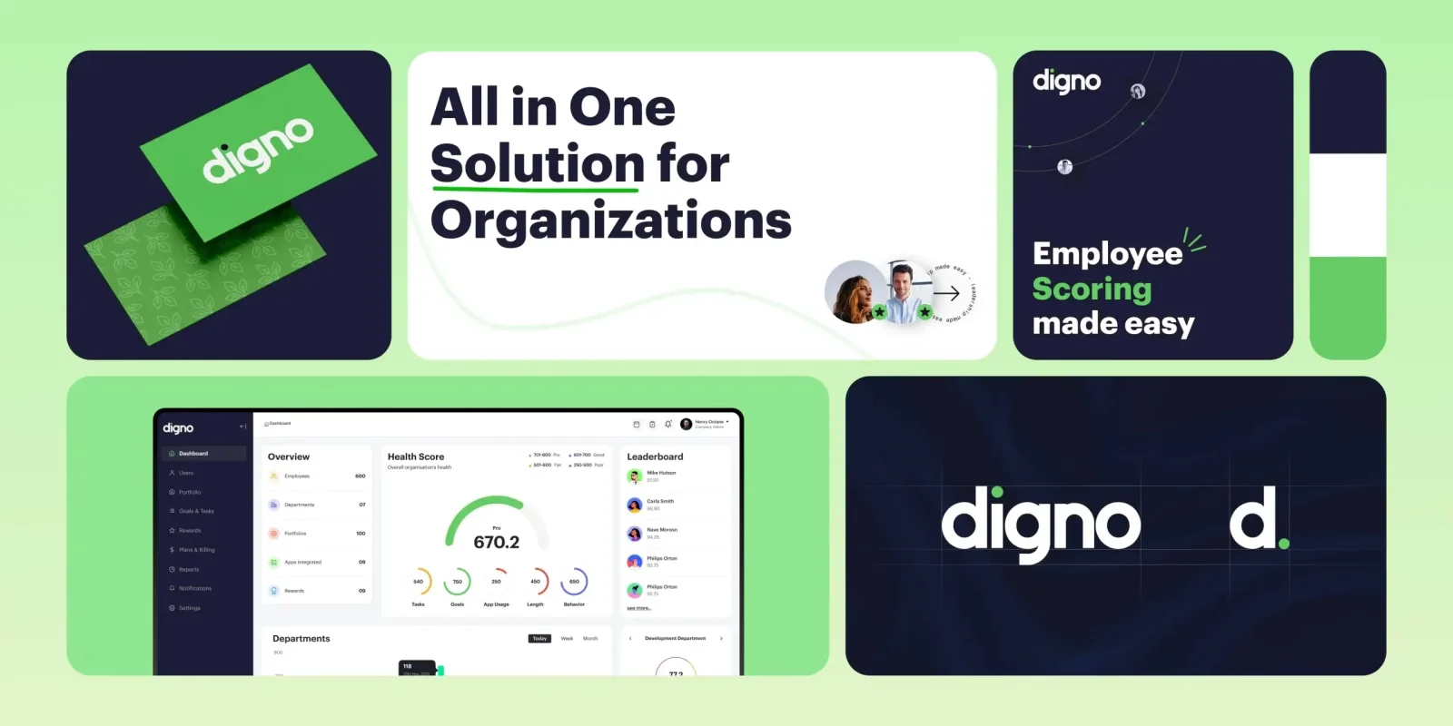 Digno brand collage with the logo, business cards, an All in One Solution for Organizations card and an Employee Scoring made easy card