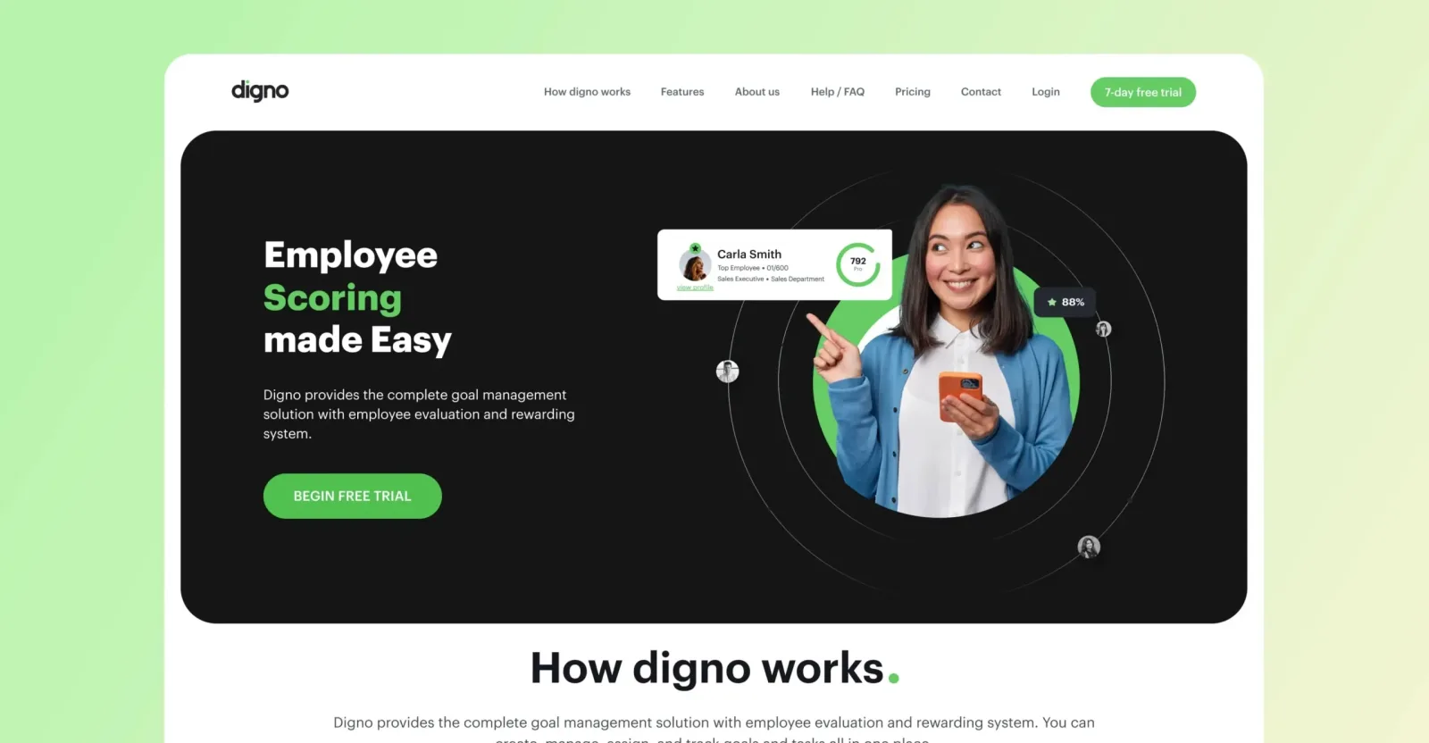 Digno website hero reading Employee Scoring made Easy with a How Digno works section below
