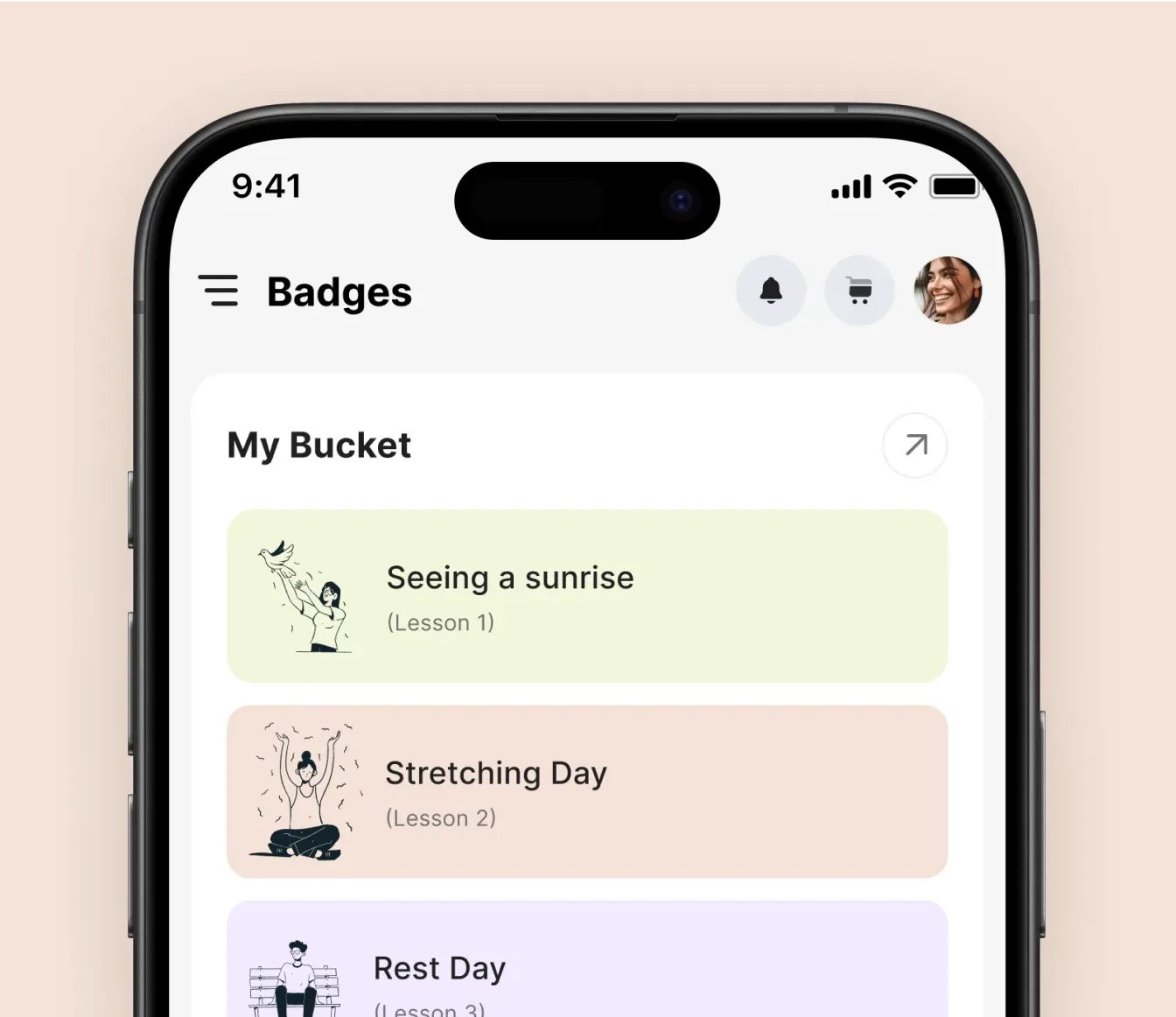 Elia Wellness mobile Badges screen with a bucket list of lessons: seeing a sunrise, stretching day and rest day