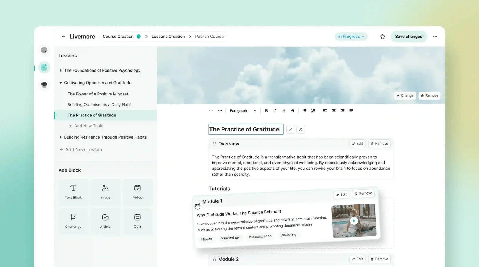 Elia Wellness desktop course builder showing lessons in the Live More course and the Practice of Gratitude overview