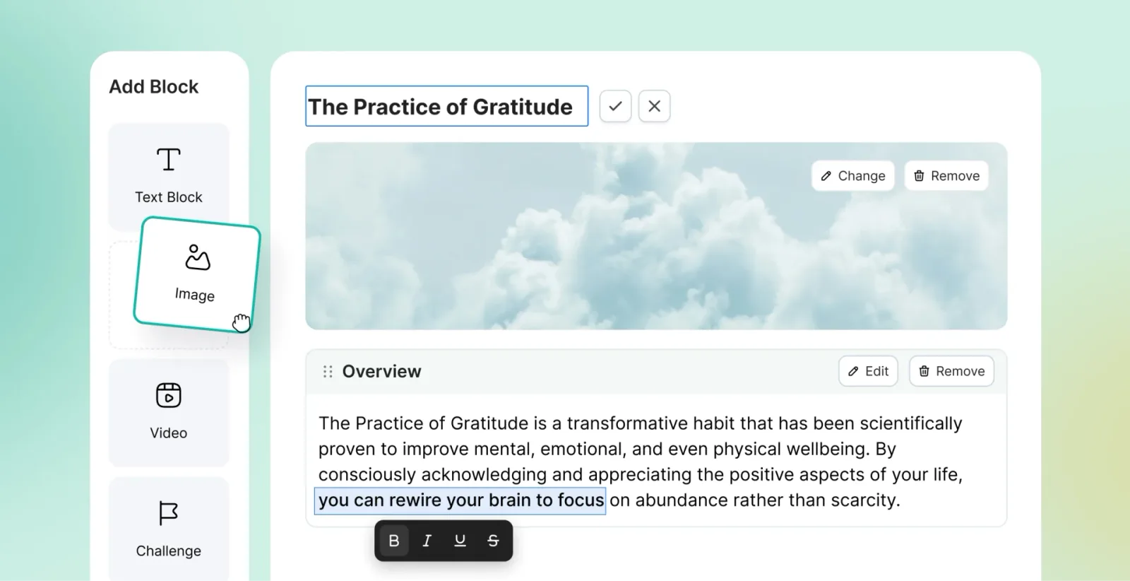 Elia Wellness course editor with an Add Block panel and a lesson called The Practice of Gratitude