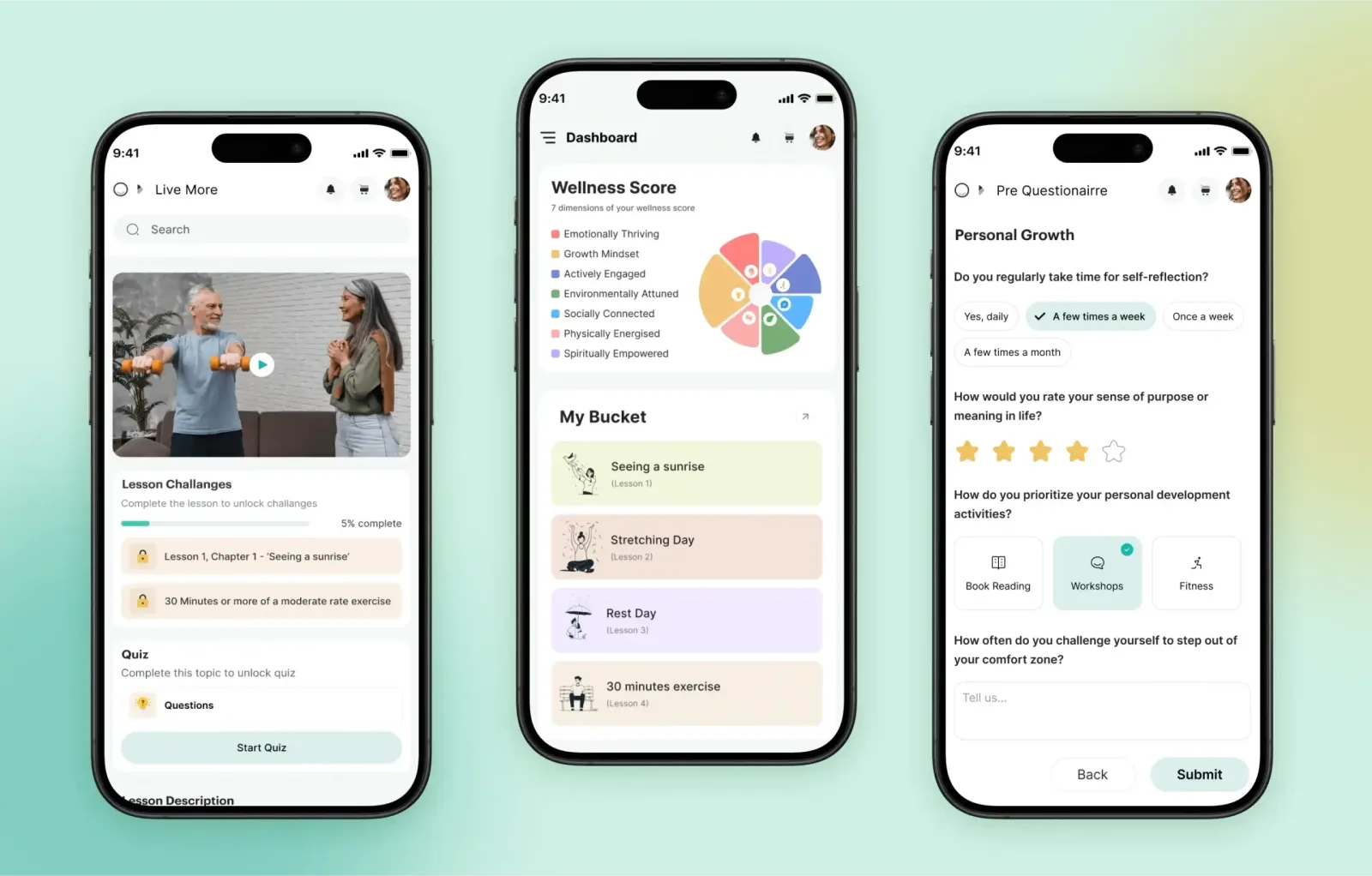 Three Elia Wellness mobile screens: a lesson with challenges, the wellness score dashboard and a personal growth questionnaire