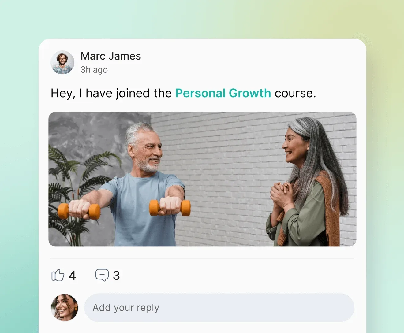 Elia Wellness social post: Marc James has joined the Personal Growth course, with a photo, likes, comments and a reply field