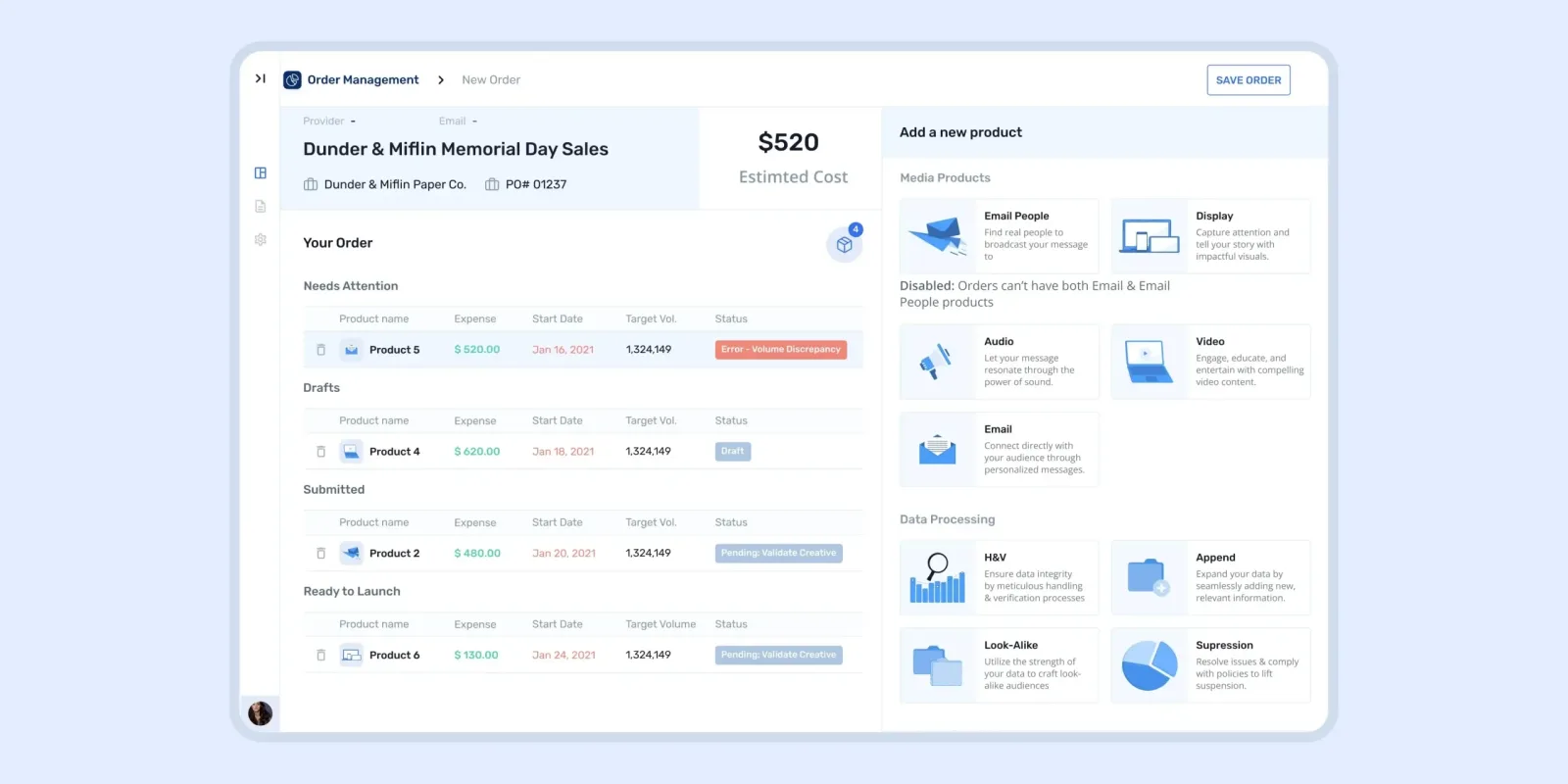 Mass Media Co. order management screen for a Memorial Day sales order with product rows and an Add a new product panel