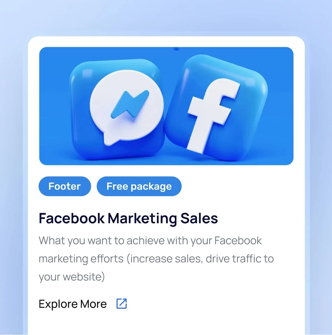 Mass Media Co. product card for Facebook Marketing Sales with Footer and Free package tags and an Explore More link