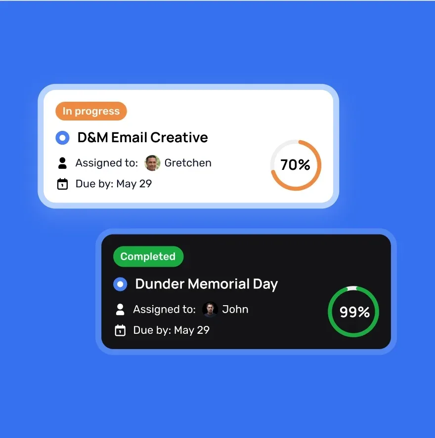 Mass Media Co. task cards: D&M Email Creative in progress at 70% and Dunder Memorial Day completed at 99%