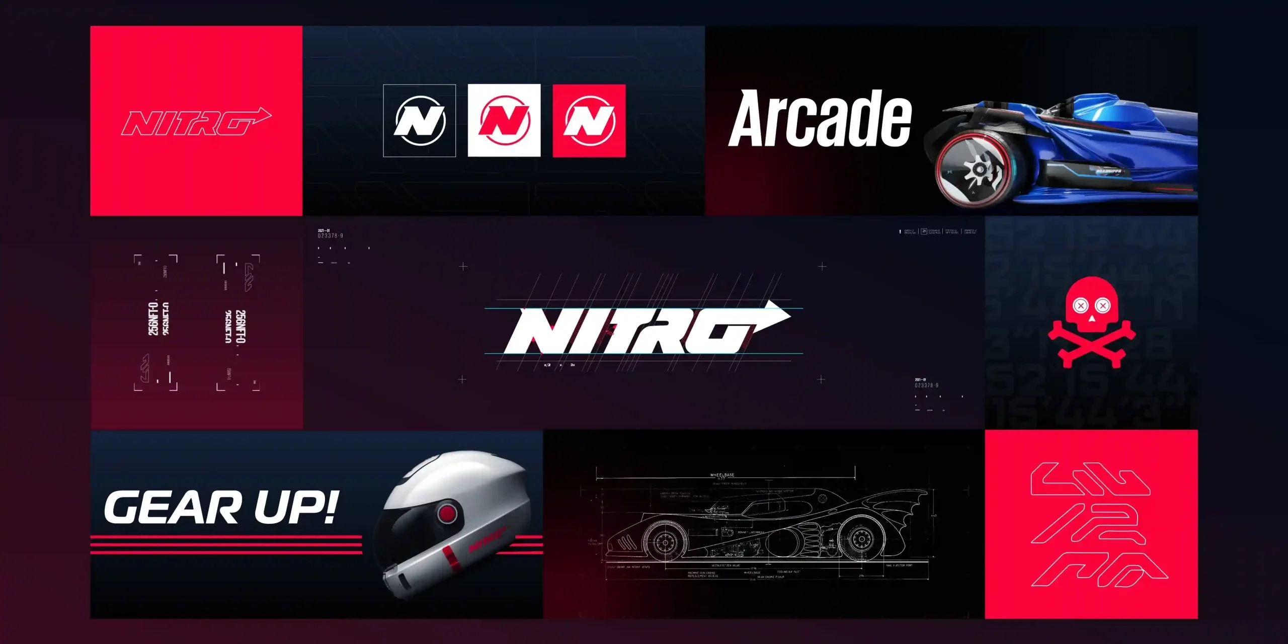 Nitro League brand identity: logo, N monogram, arcade and racing-gear visuals