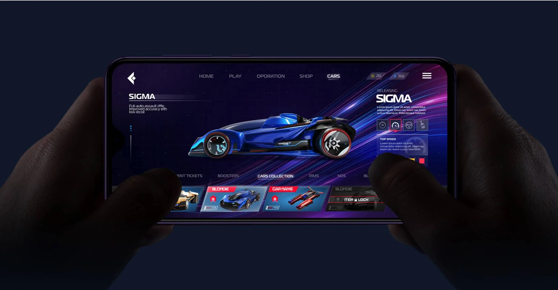 Nitro League mobile garage screen showing the Sigma car, top-speed stats and the cars collection
