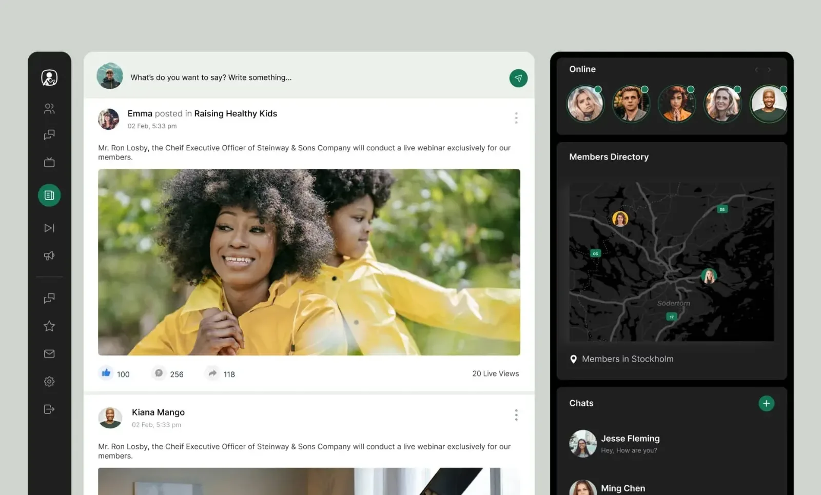 Parents Connect desktop community feed with posts, online members, a members directory map and chats