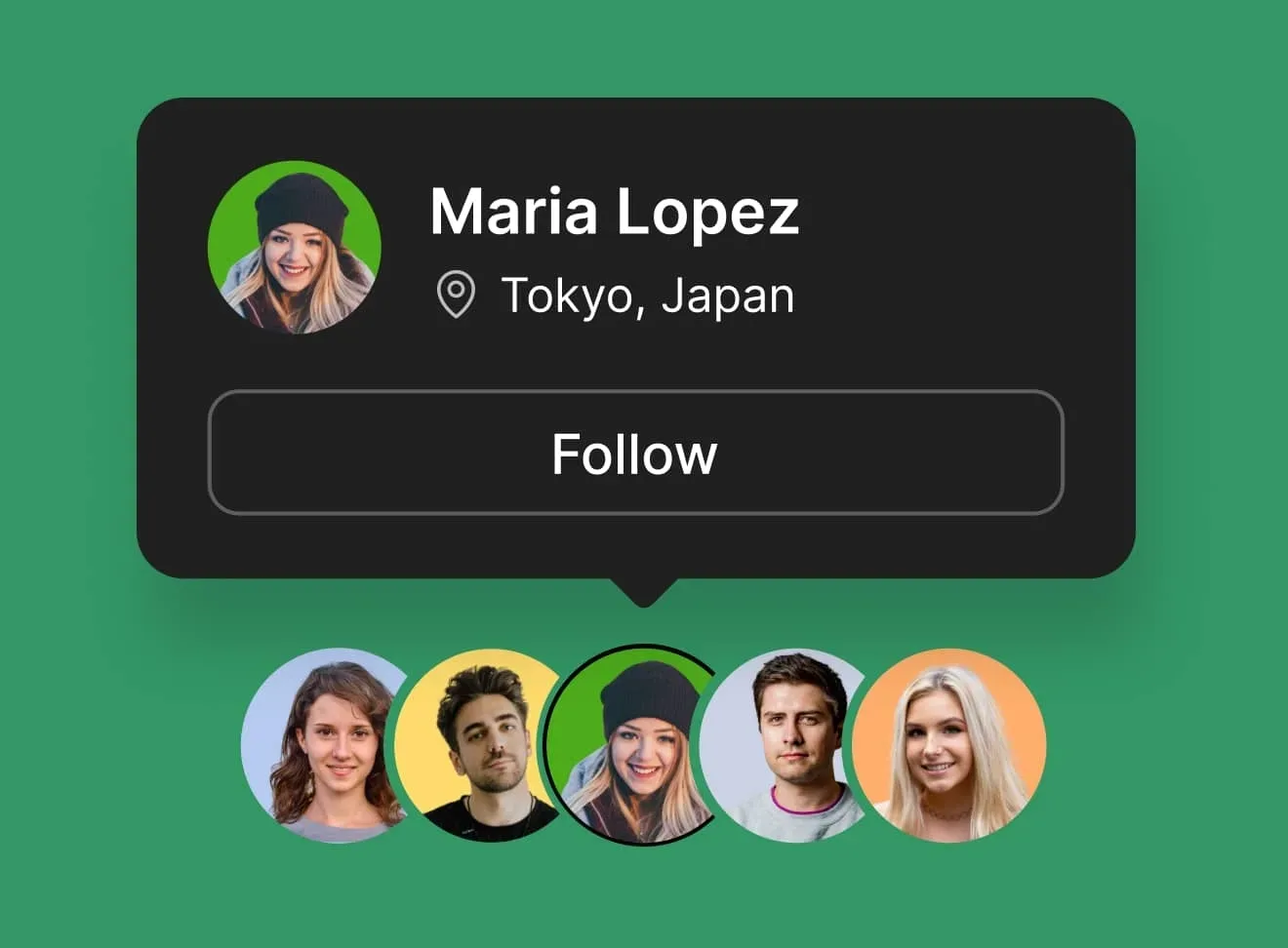 Parents Connect member pop-up showing Maria Lopez from Tokyo with a Follow button and member avatars