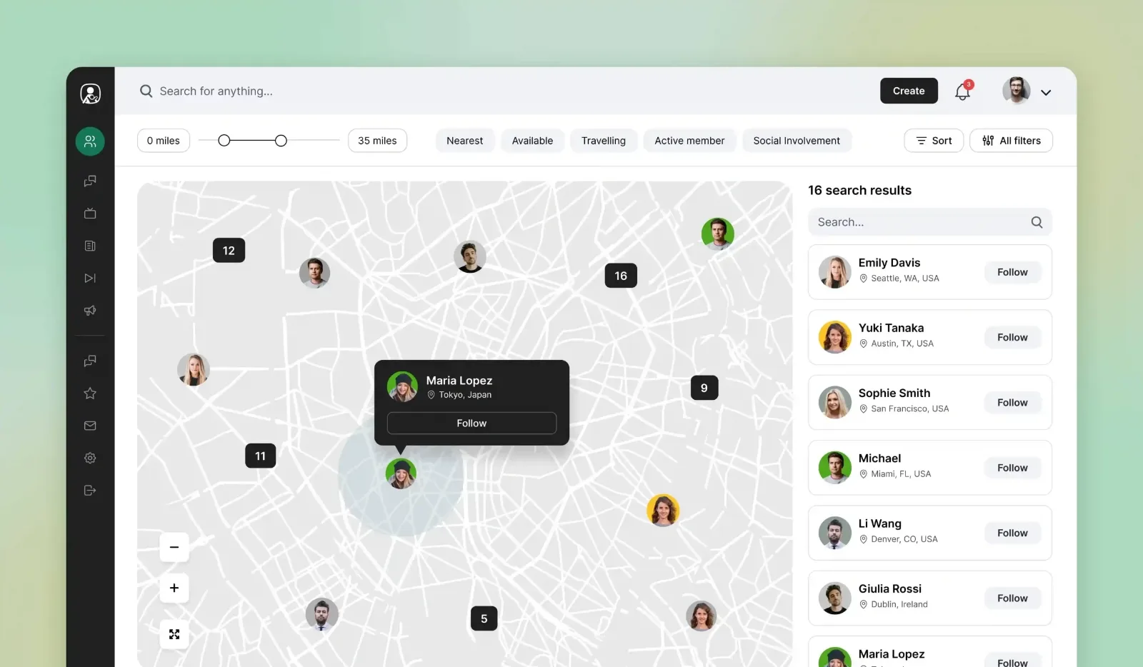 Parents Connect members directory map with distance filters and a list of 16 search results