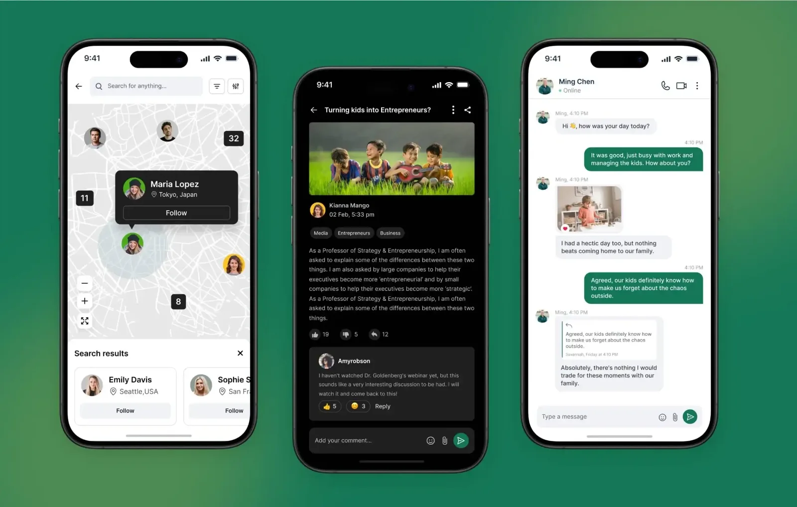 Three Parents Connect mobile screens: member map, expert article and chat