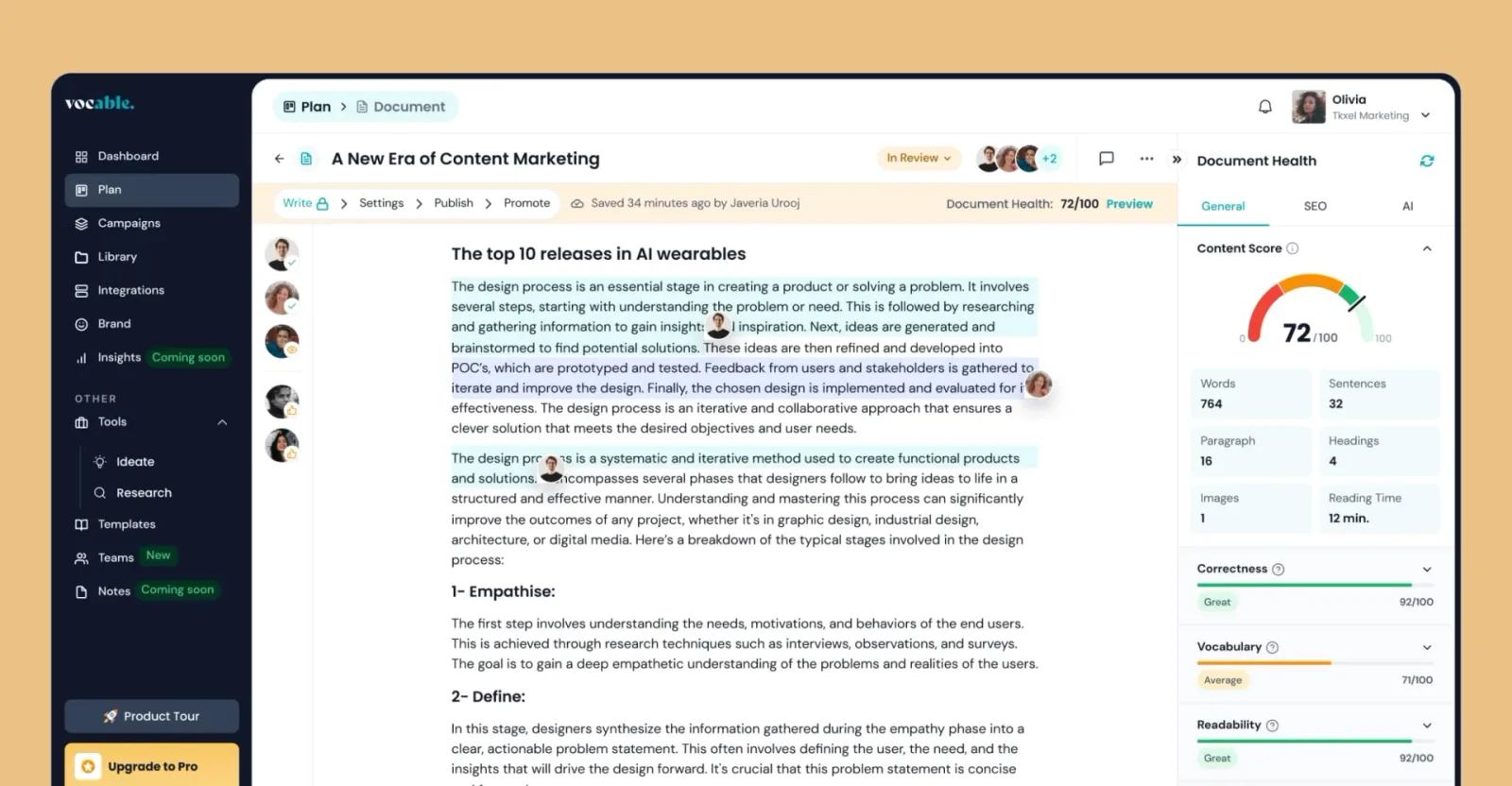 Vocable document editor with a draft about AI wearables, collaborator avatars and a document health panel with a content score of 72