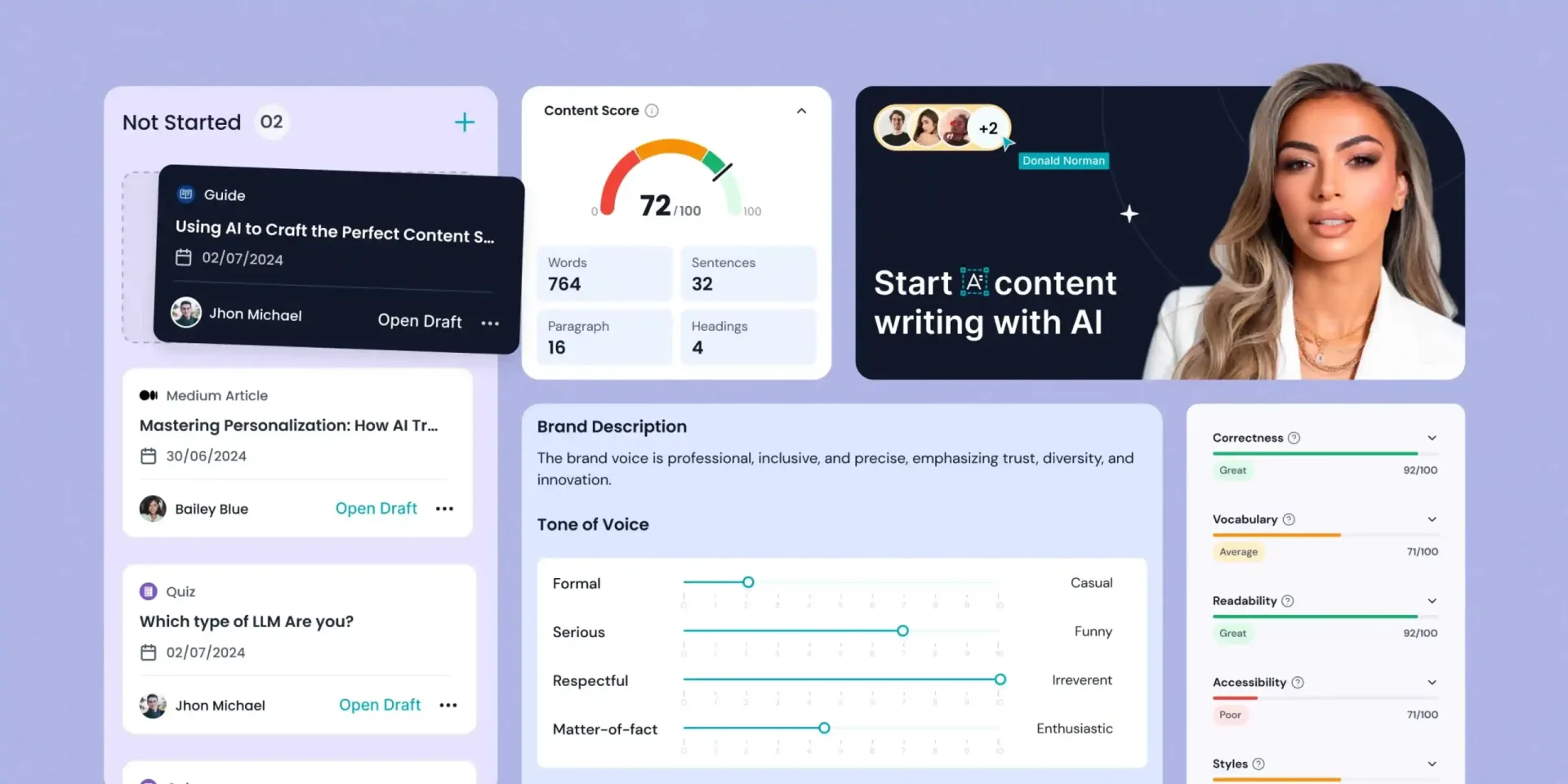 Vocable workspace with content drafts, a content score of 72, brand tone-of-voice sliders and a Start content writing with AI card