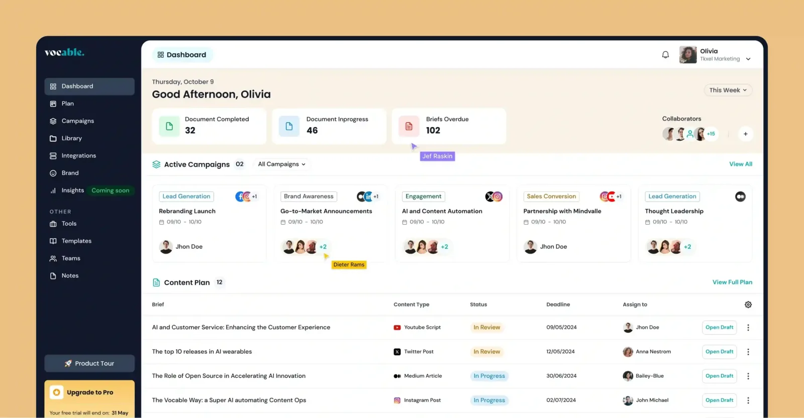 Vocable dashboard with document counters, active campaigns and a content plan table