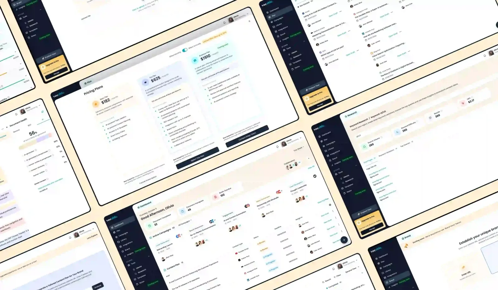 Collage of Vocable desktop screens: dashboard, content plan, editor with content score and campaign views