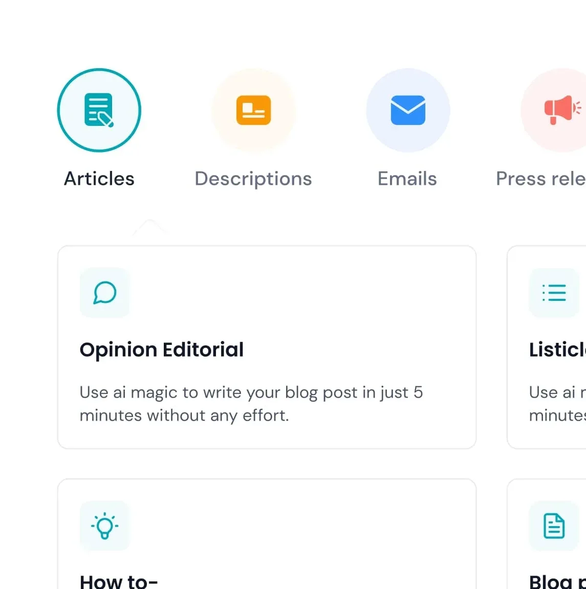Vocable template picker with Articles, Descriptions, Emails and Press release tabs and Opinion Editorial, Listicle and How-to cards